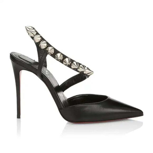 Christian Louboutin Spikita Pump 100 Black Silver Spike Strappy Sandal Heel 39 - Picture 3 of 12